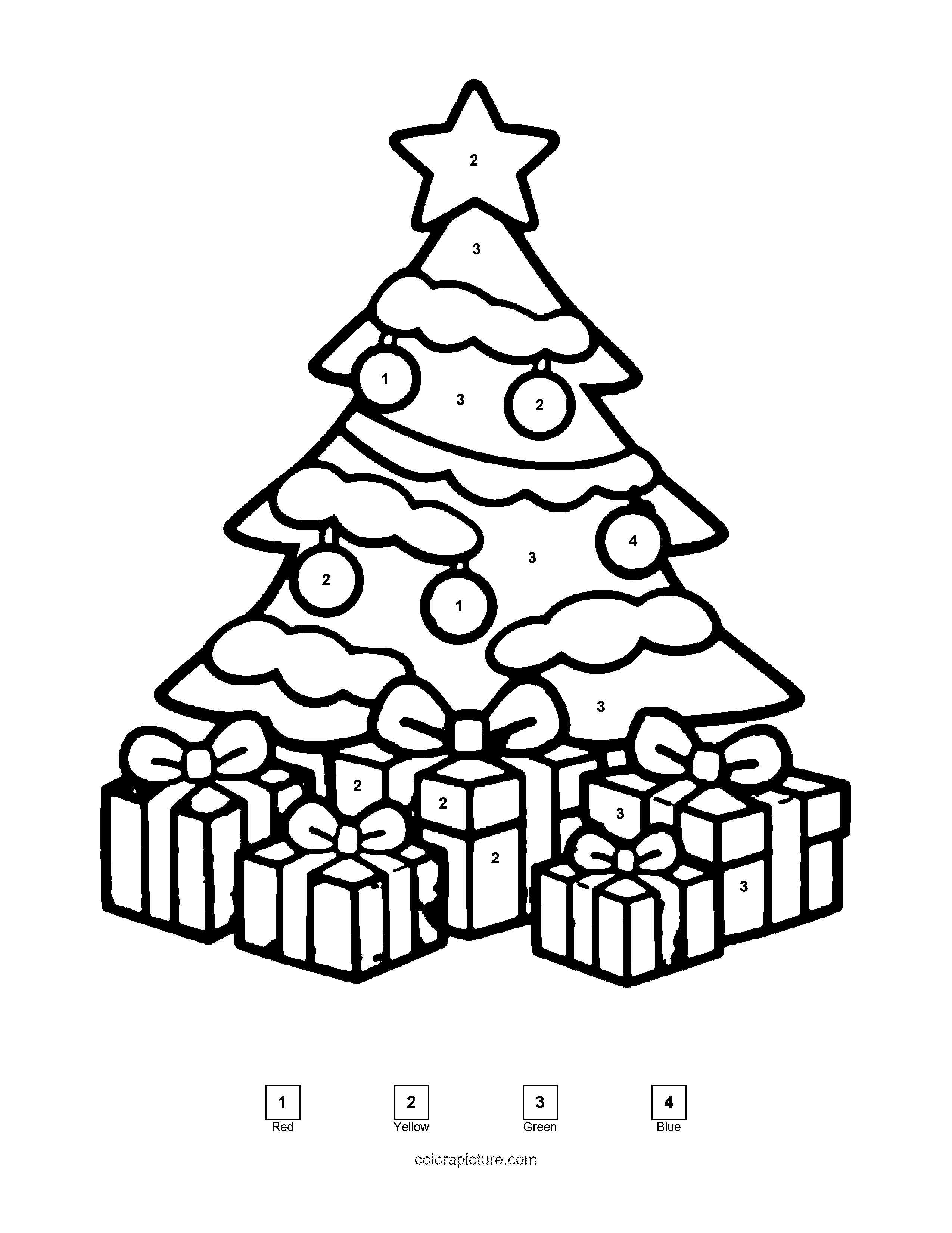 Black-and-white color by number page: Christmas Tree color by number