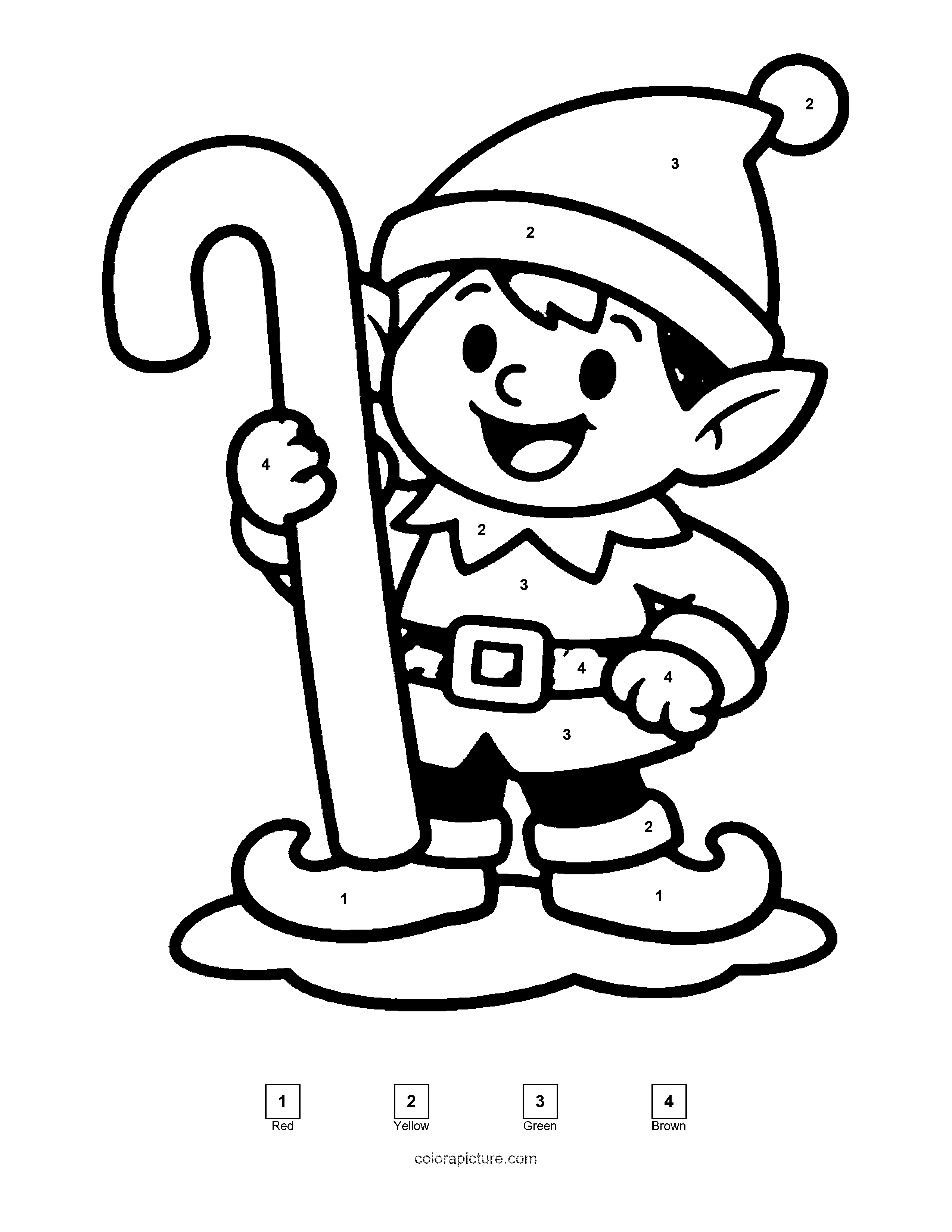 Black-and-white color by number page: Elf with a Candy Cane color by number