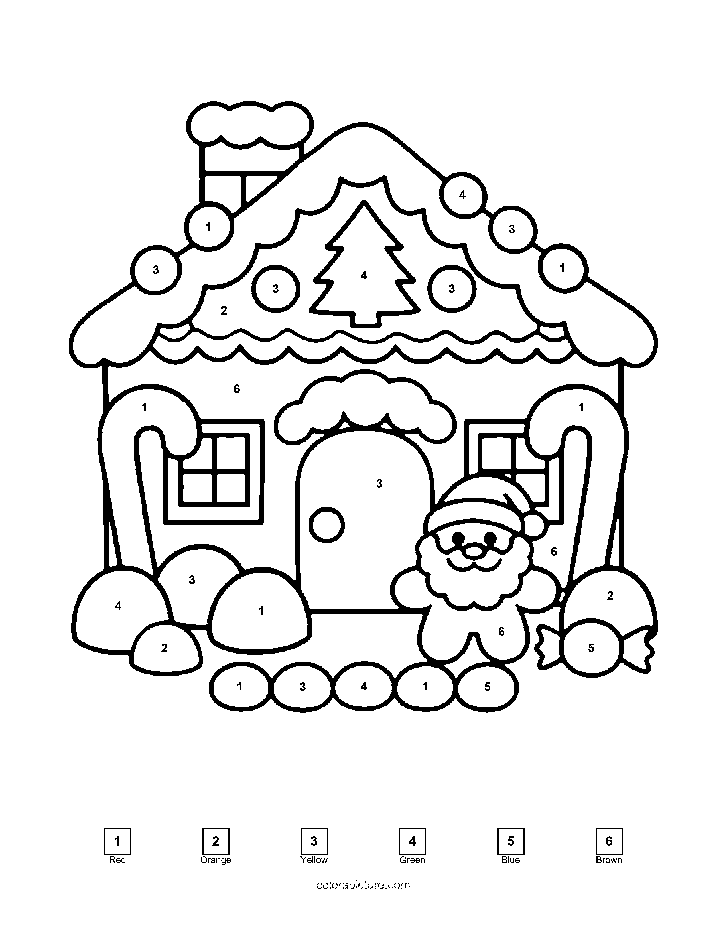 Black-and-white color by number page: Gingerbread House color by number