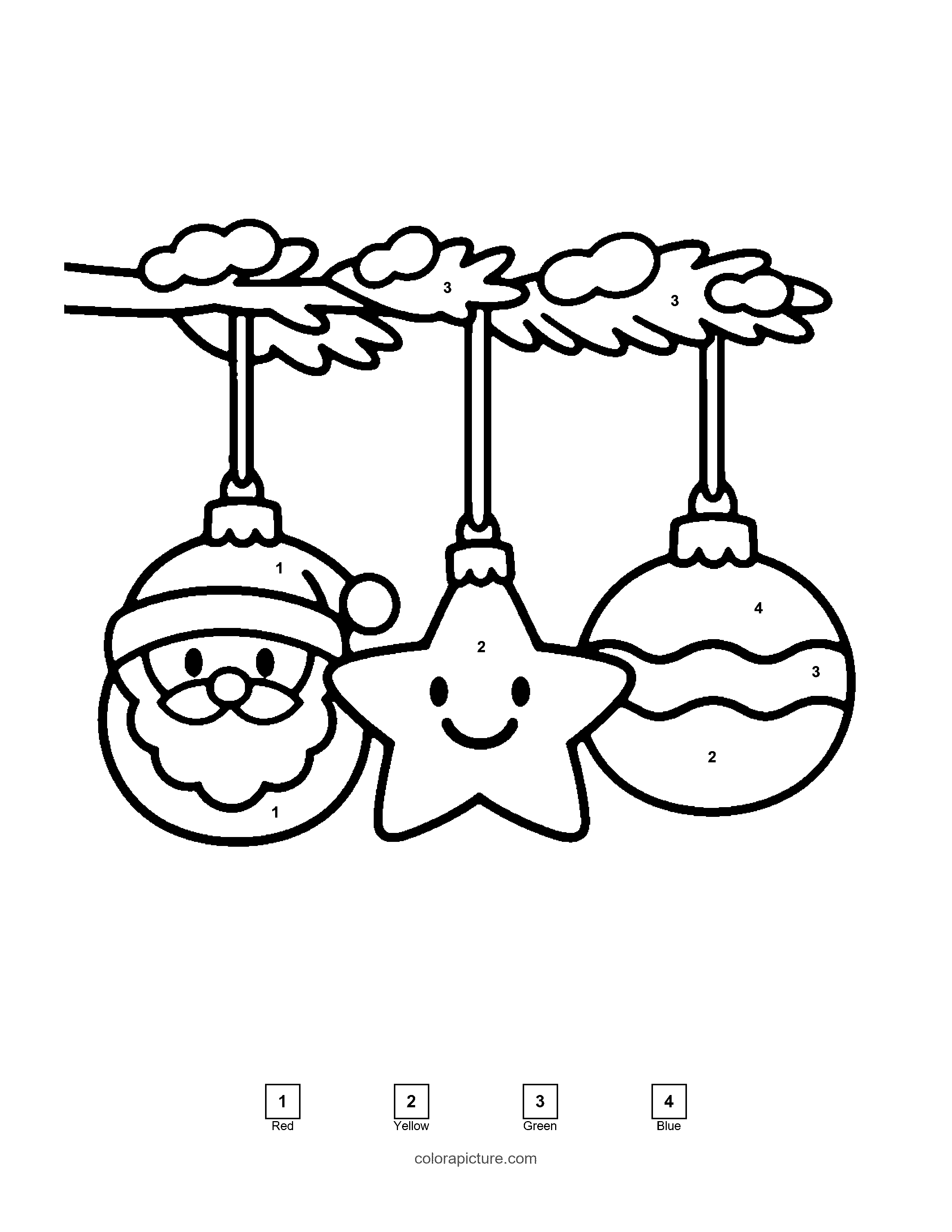 Black-and-white color by number page: Christmas Ornaments color by number