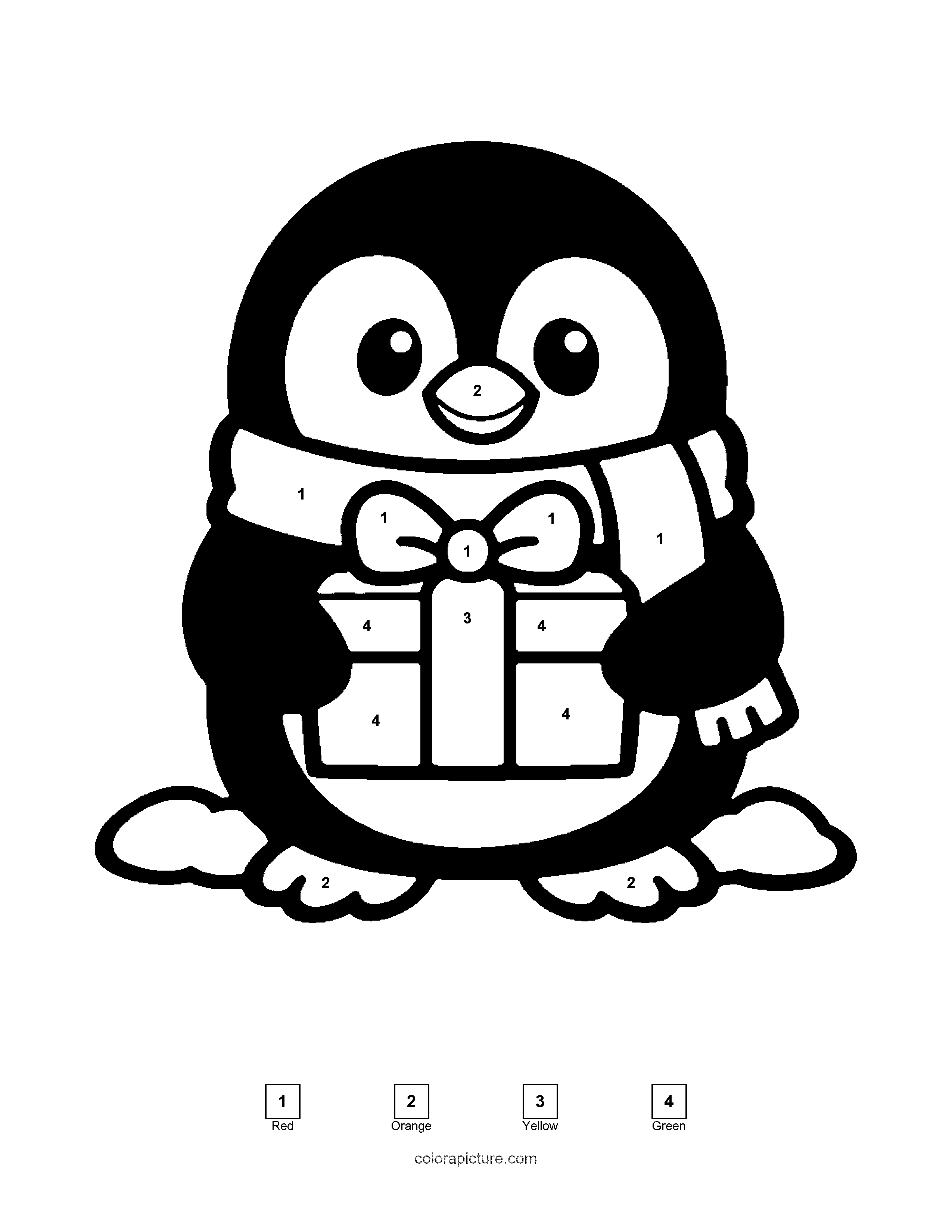 Black-and-white color by number page: Penguin with a Gift color by number