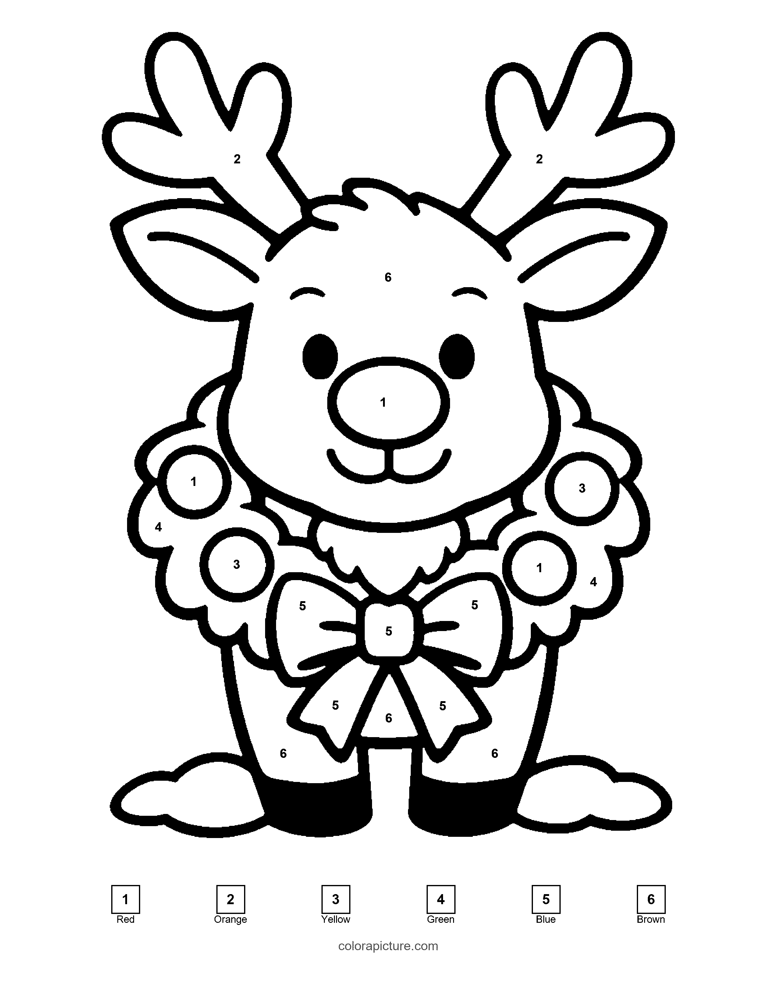 Black-and-white color by number page: Reindeer color by number