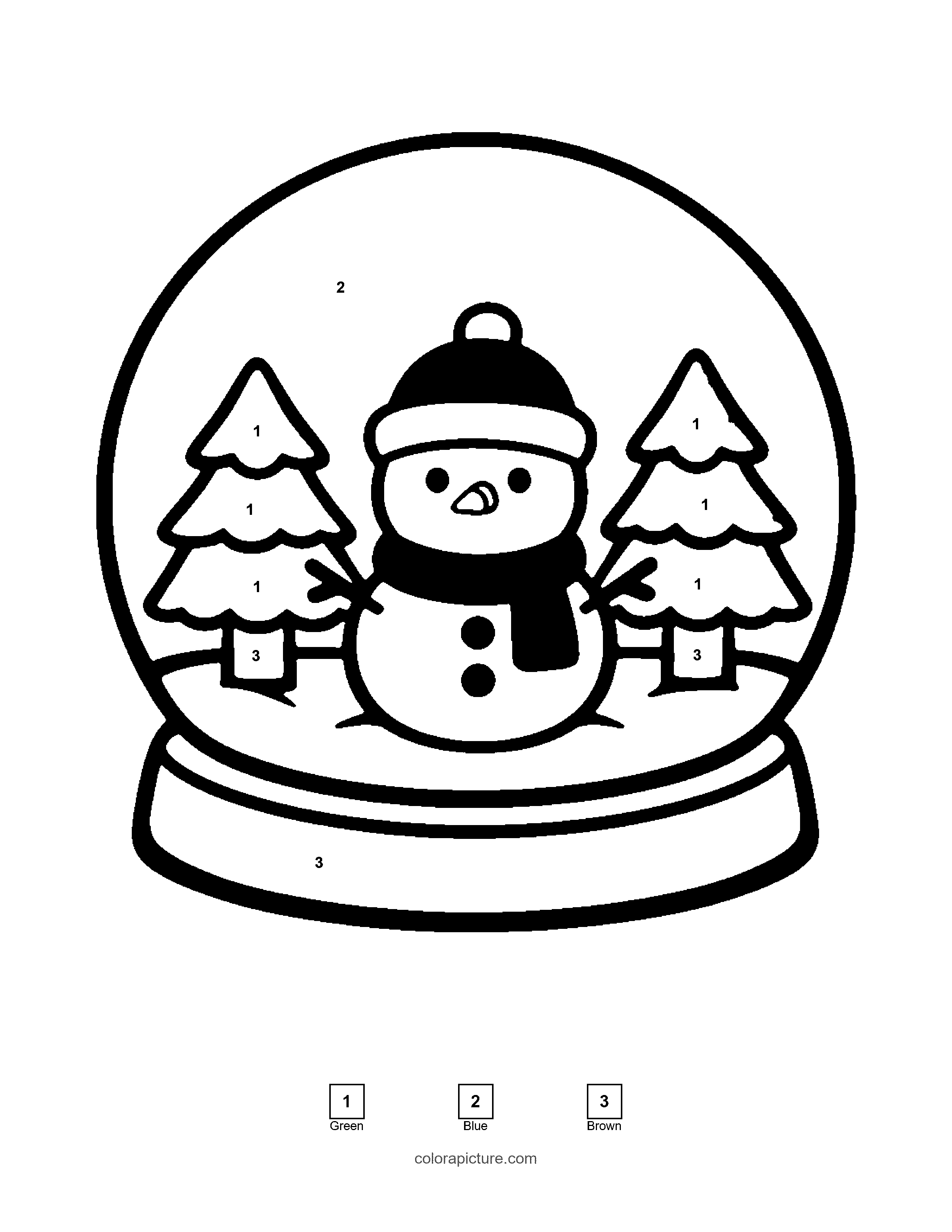 Black-and-white color by number page: Snow Globe color by number