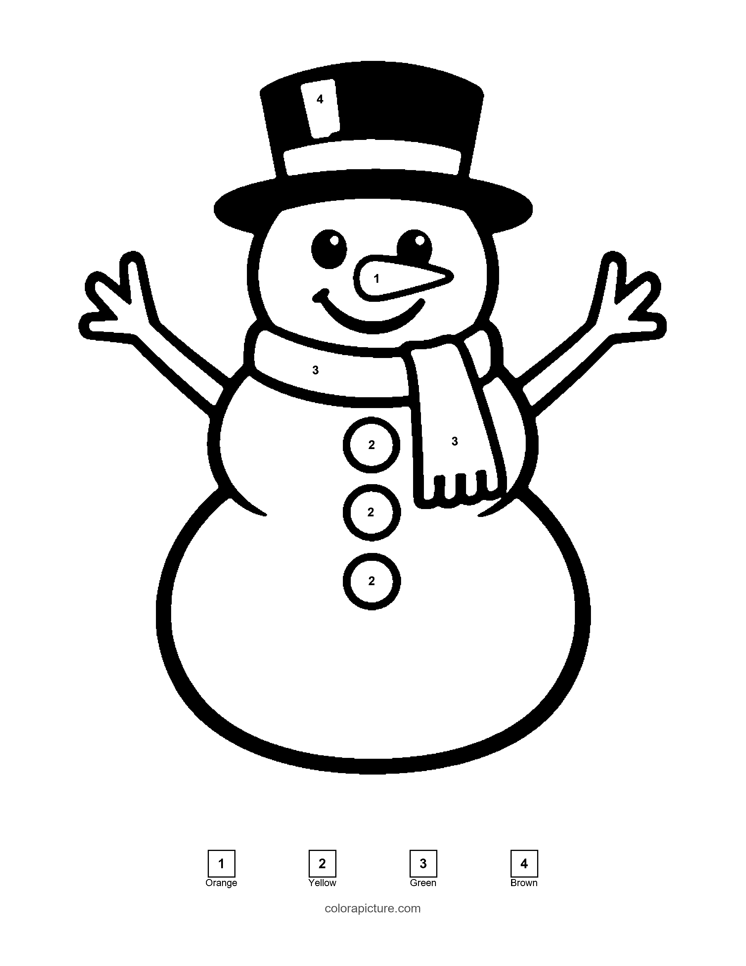 Black-and-white color by number page: Snowman color by number