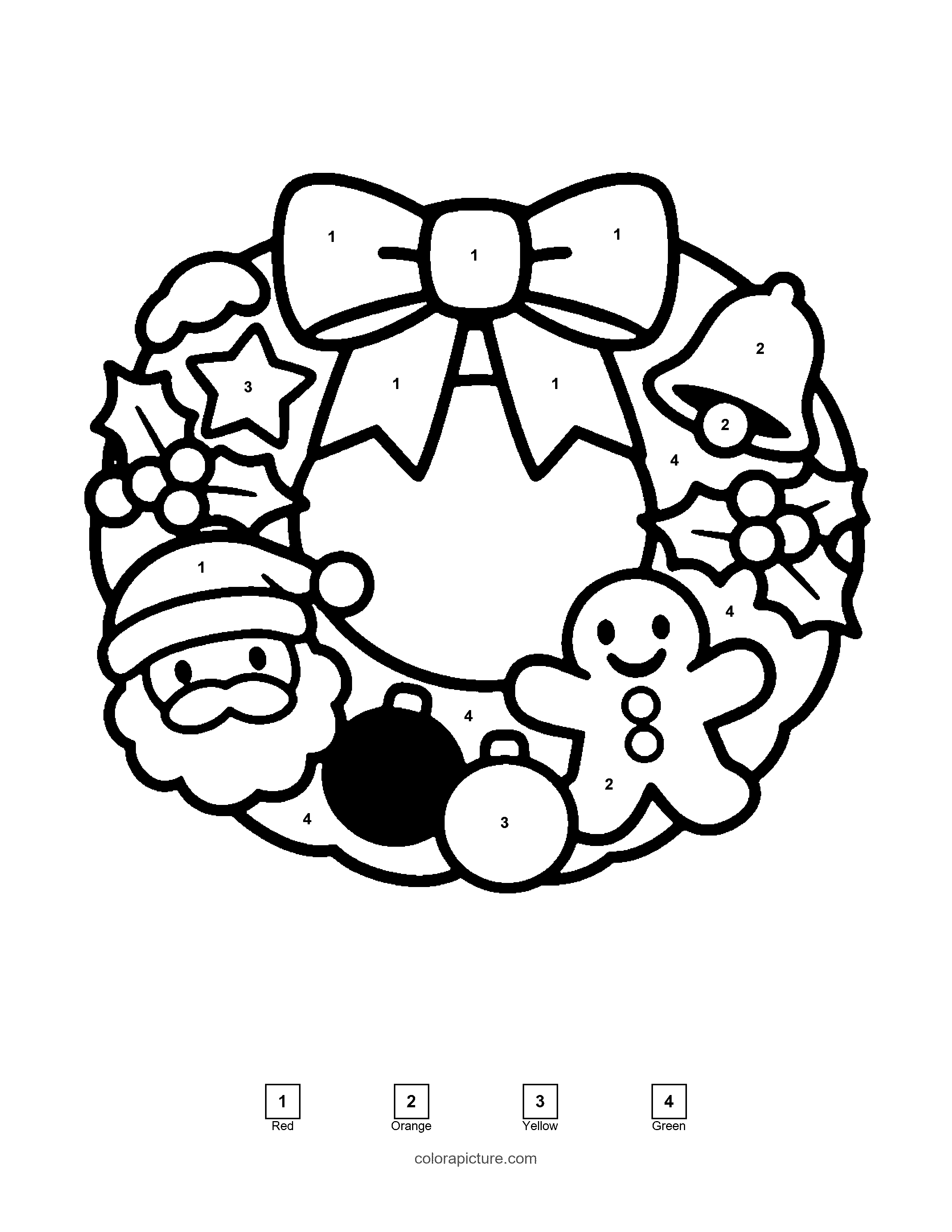 Black-and-white color by number page: Christmas Wreath color by number