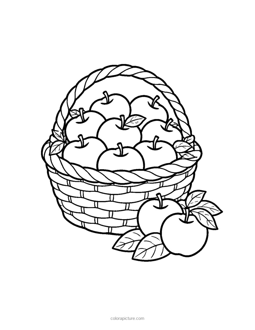 Black-and-white coloring page: Basket of Apples