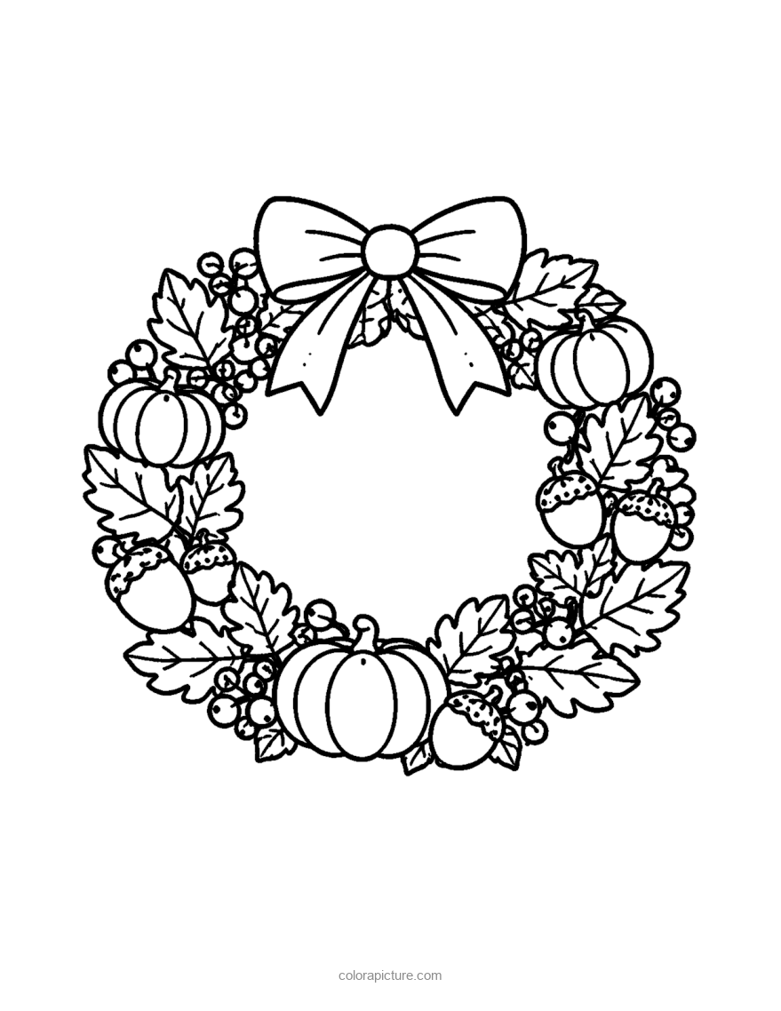 Black-and-white coloring page: Autumn Wreath
