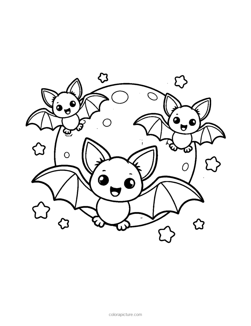 Black-and-white coloring page: Bats and the Moon