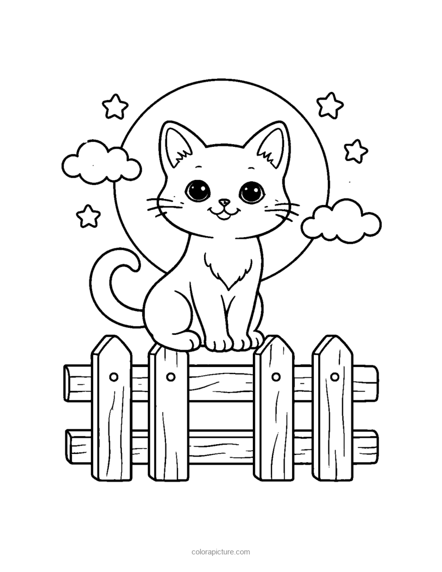 Black-and-white coloring page: Black Cat on a Fence