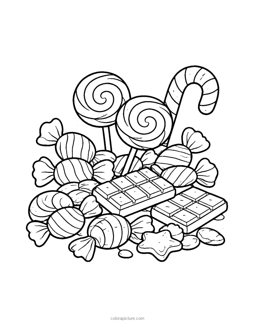 Black-and-white coloring page: Candy Assortment