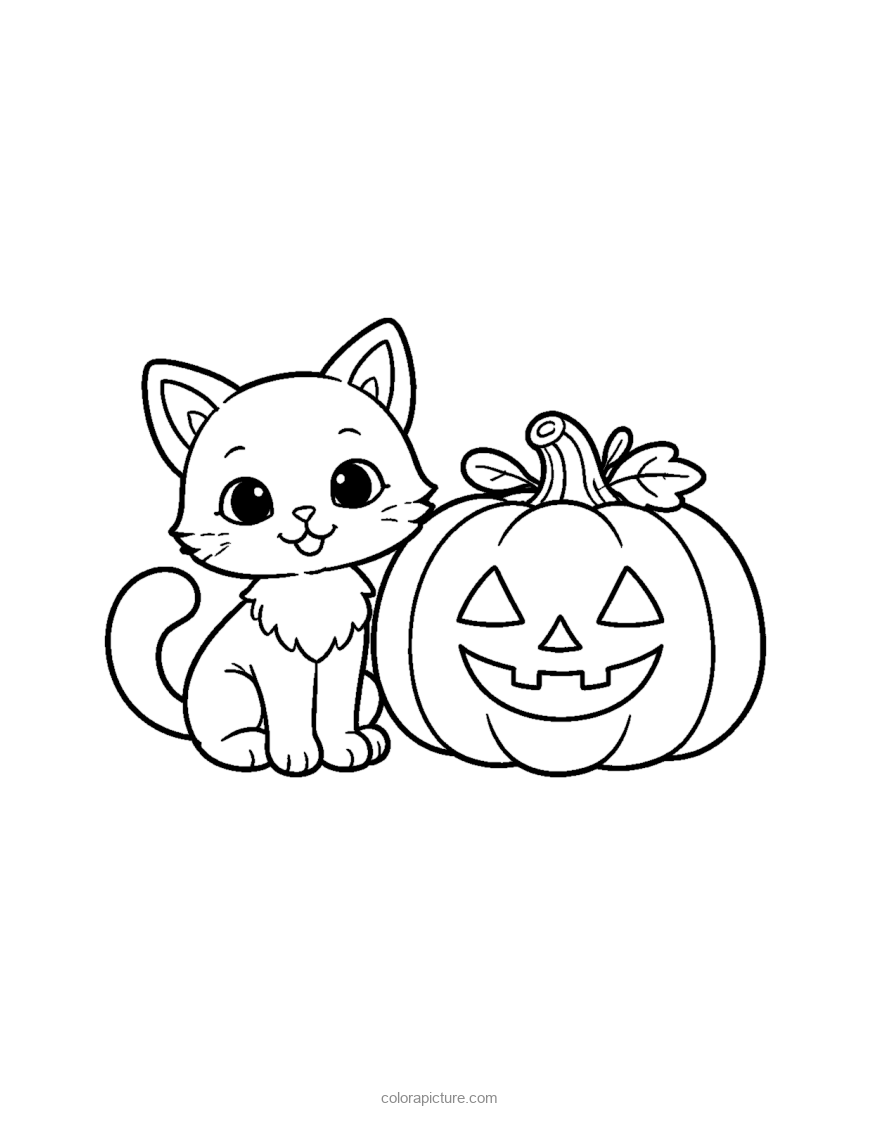 Black-and-white coloring page: Cat And Pumpkin