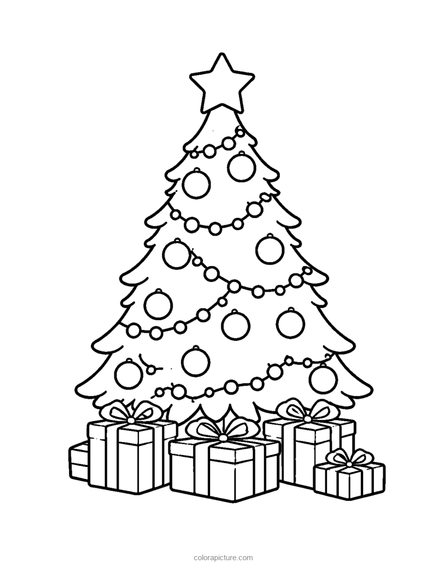 Black-and-white coloring page: Christmas Tree and Presents