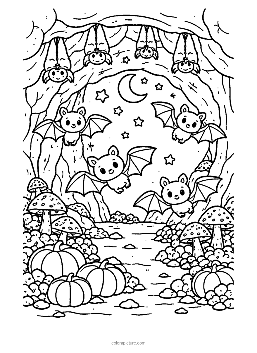 Black-and-white coloring page: Bat Cave