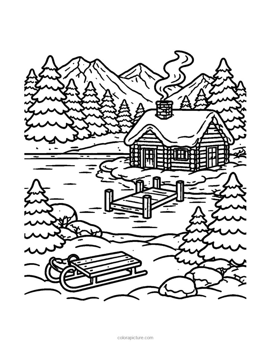 Black-and-white coloring page: Cabin Lake