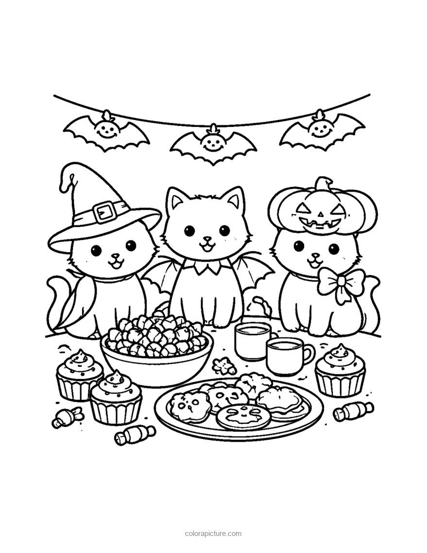Black-and-white coloring page: Cat Costume Party
