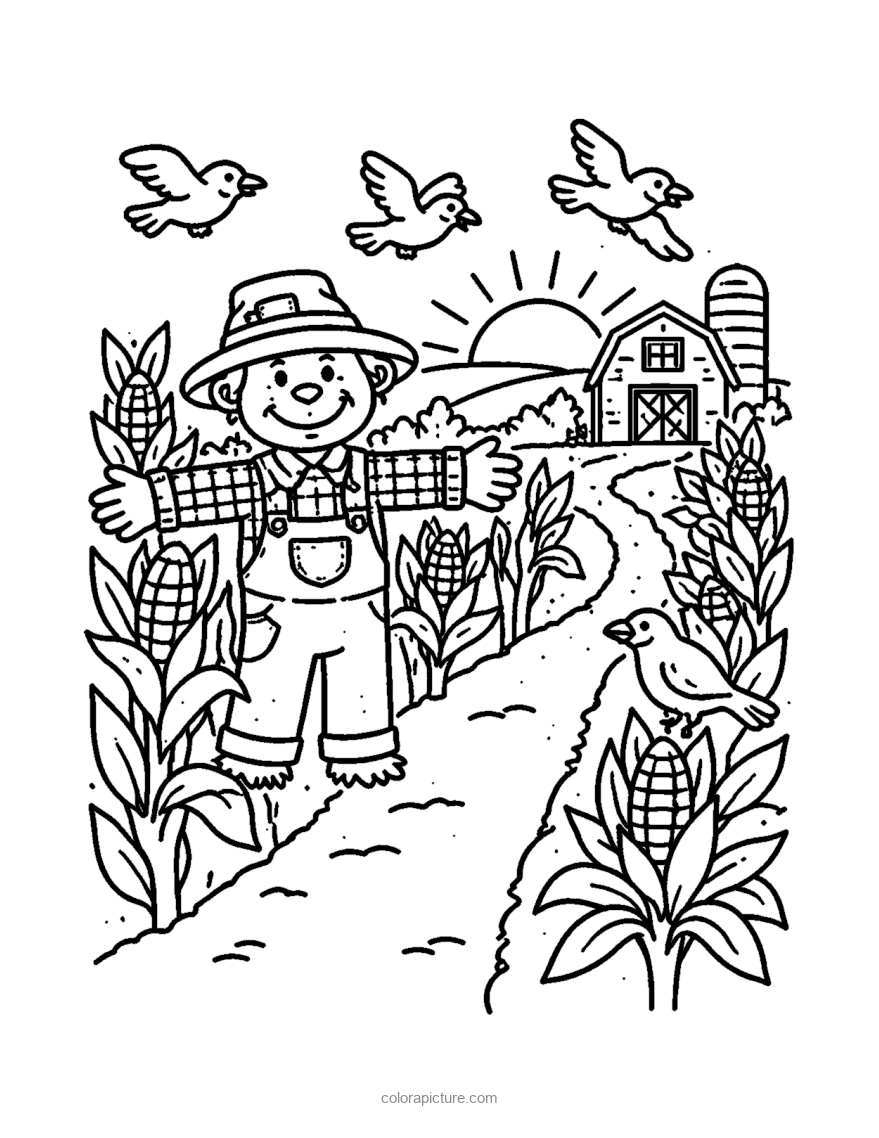 Black-and-white coloring page: Cornfield Scarecrow
