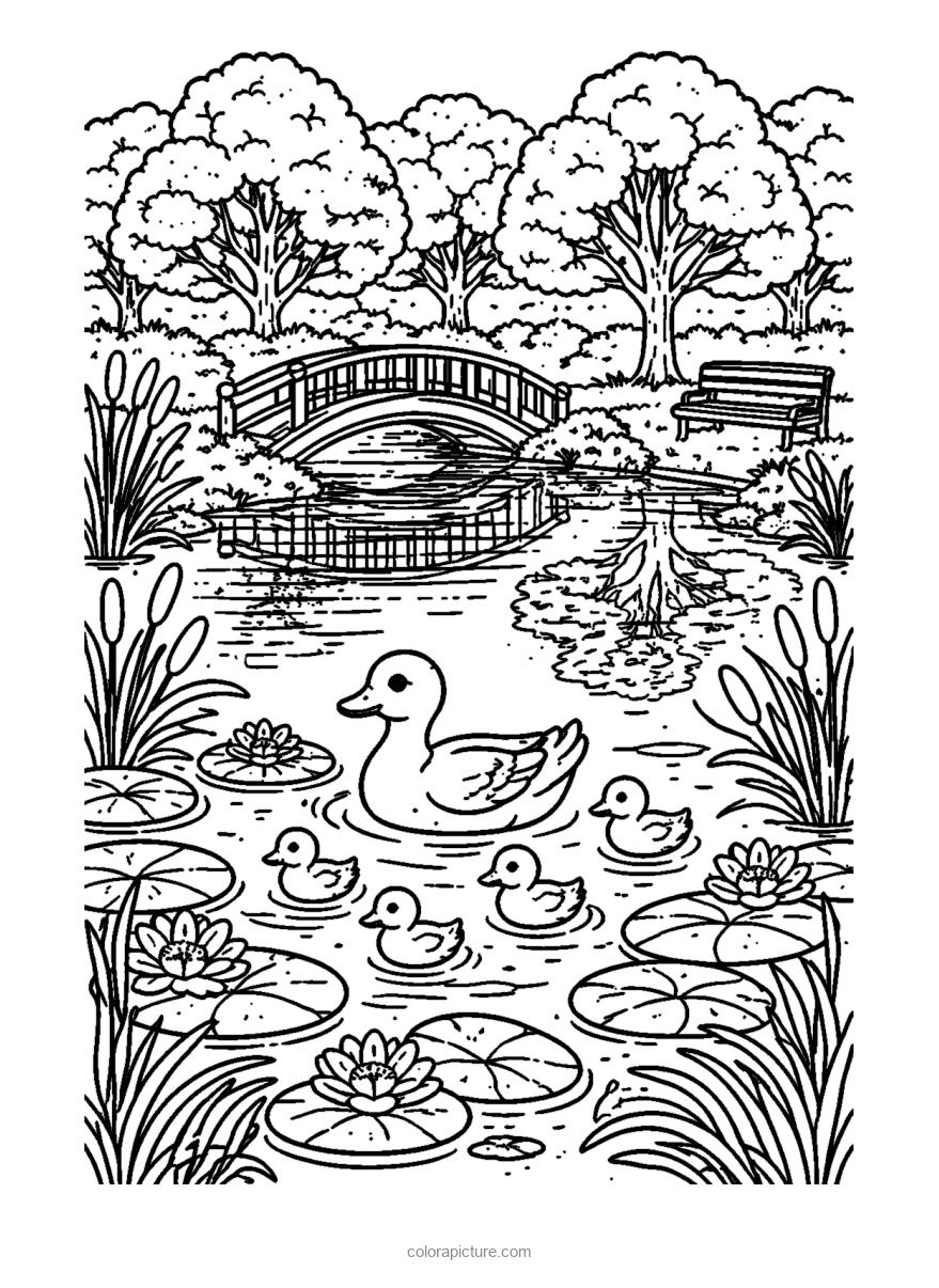 Black-and-white coloring page: Duck Pond