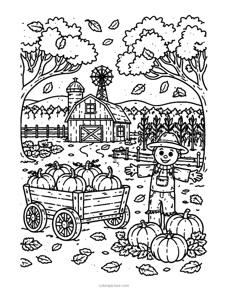 Black-and-white coloring page: Farm Autumn