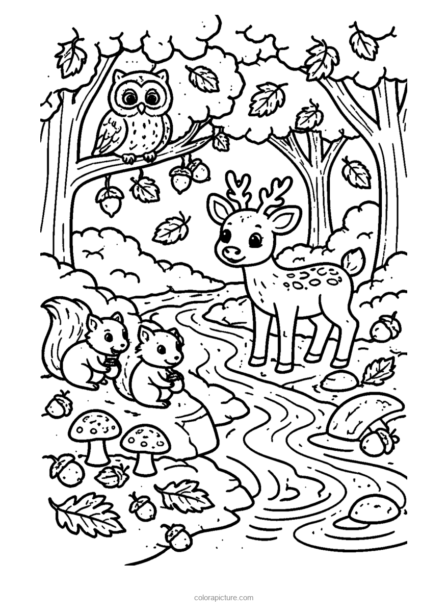 Black-and-white coloring page: Forest Animals