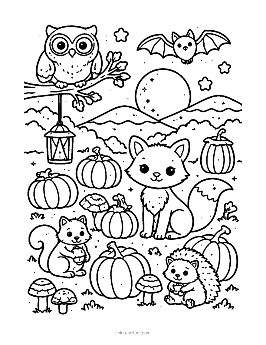 Black-and-white coloring page: Friendly Woods