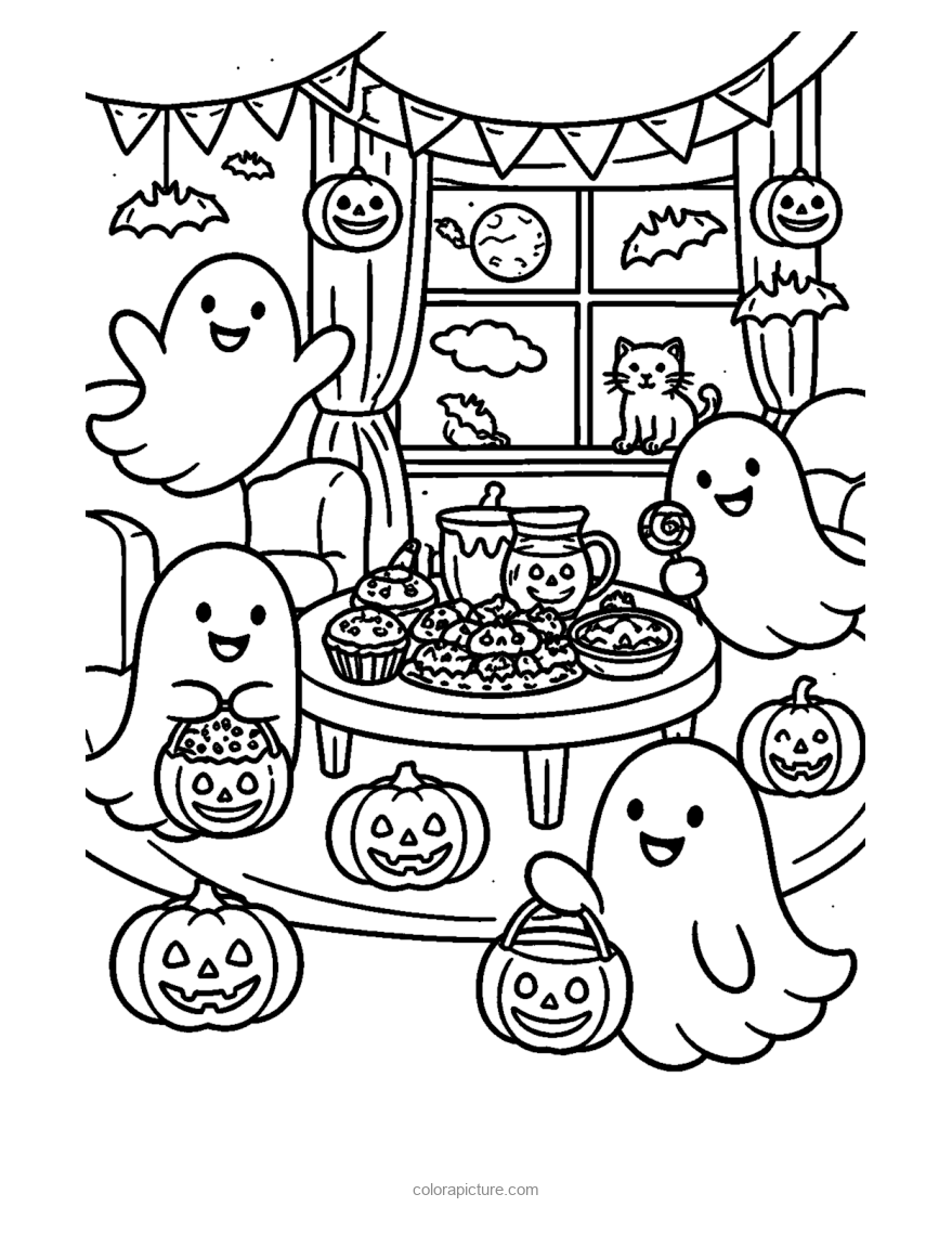 Black-and-white coloring page: Ghost Party