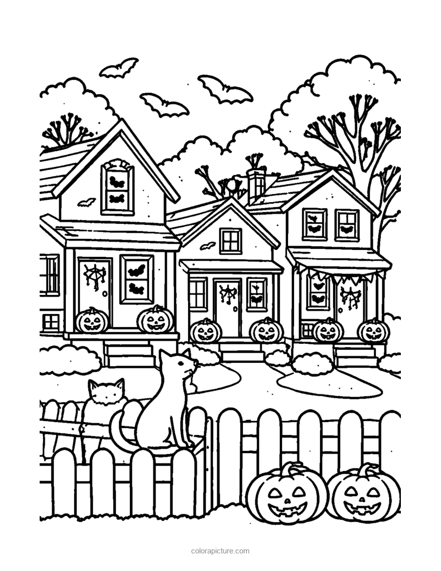 Black-and-white coloring page: Halloween Street