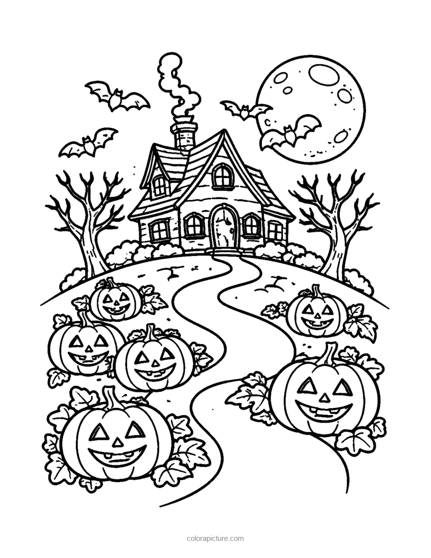 Black-and-white coloring page: Haunted House Garden