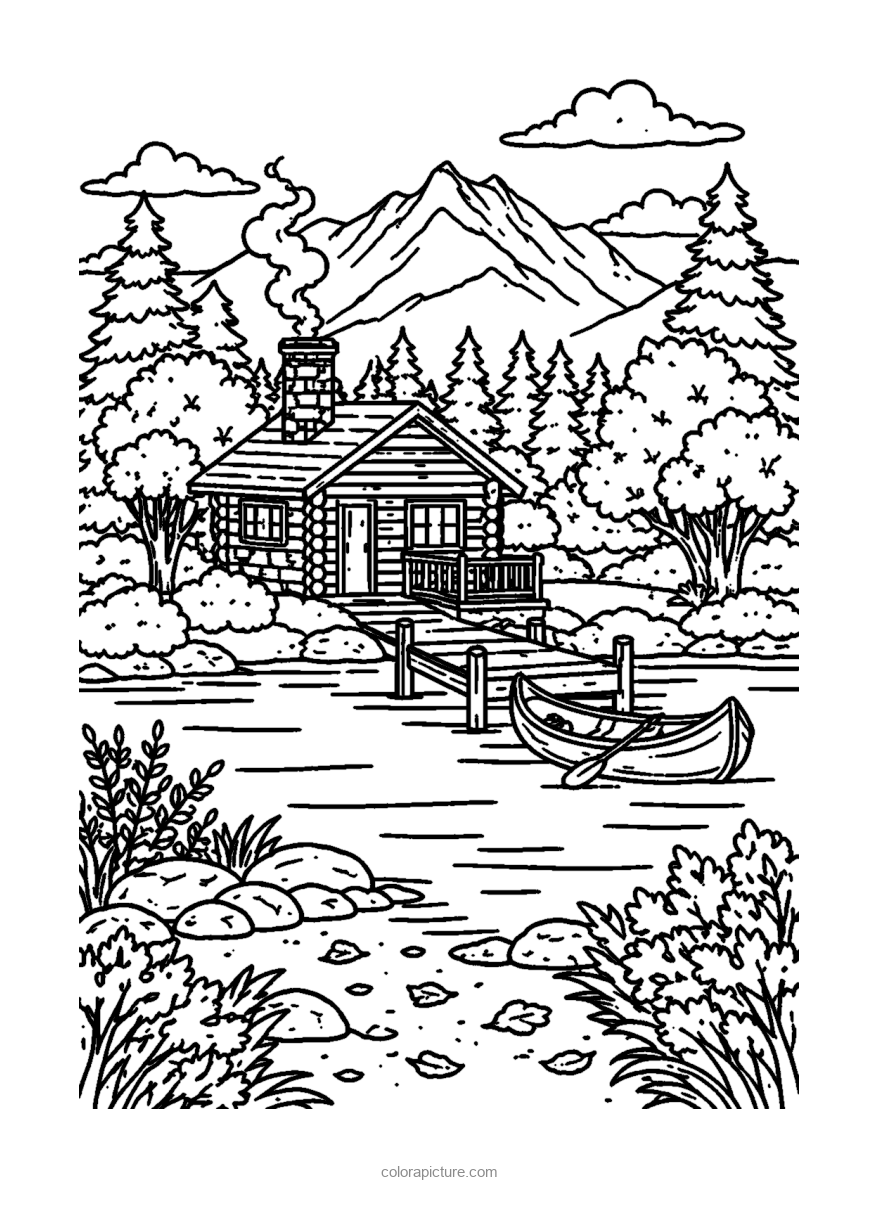Black-and-white coloring page: Lake Cabin