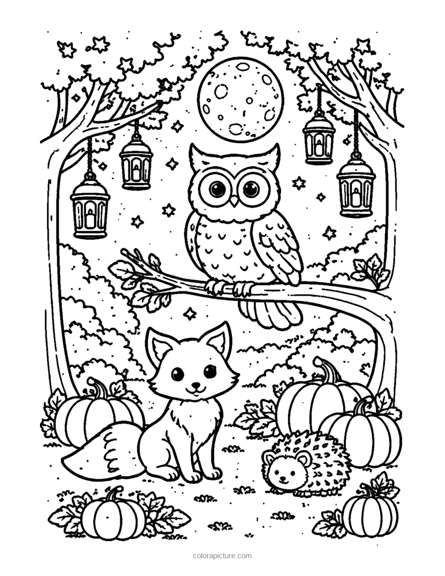 Black-and-white coloring page: Owl Forest Night