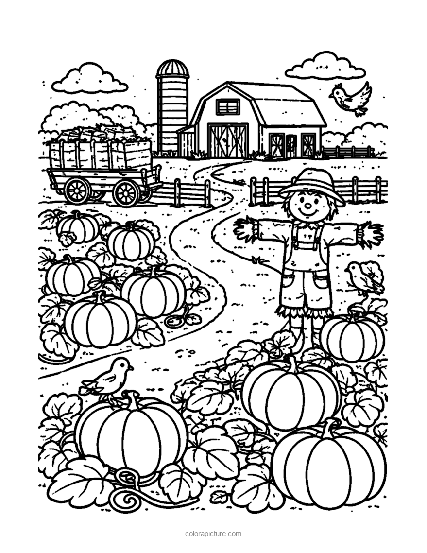 Black-and-white coloring page: Pumpkin Farm