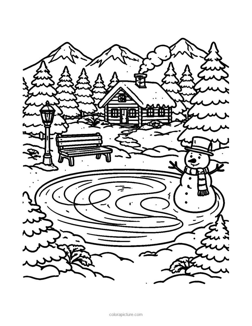 Black-and-white coloring page: Skating Pond