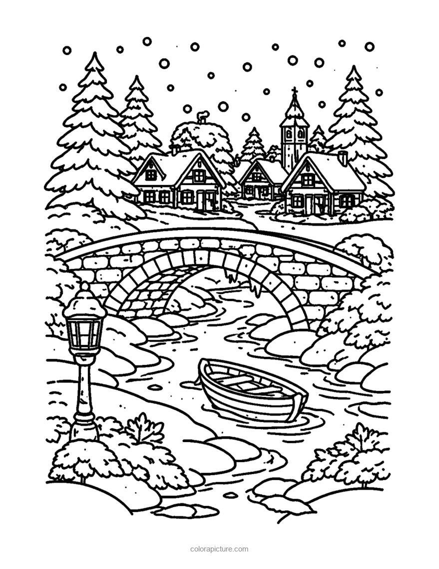 Black-and-white coloring page: Snowy Bridge