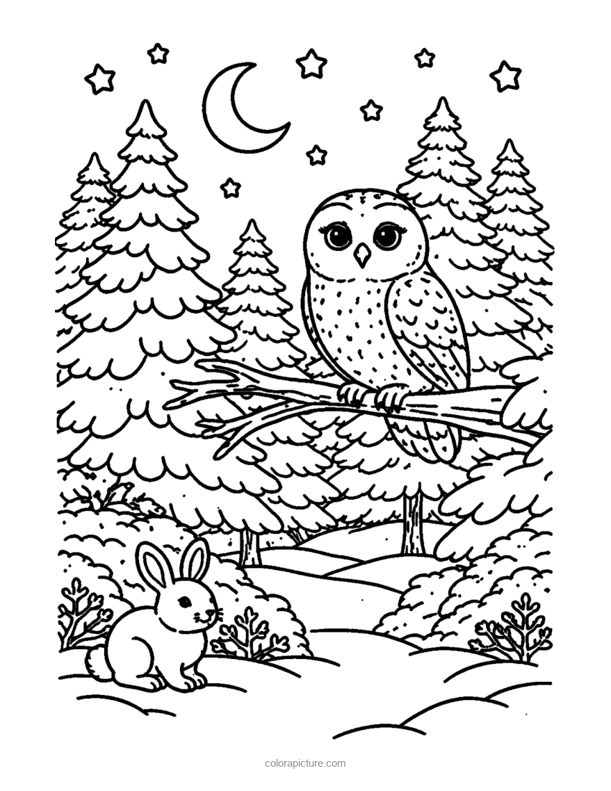 Black-and-white coloring page: Snowy Owl Forest
