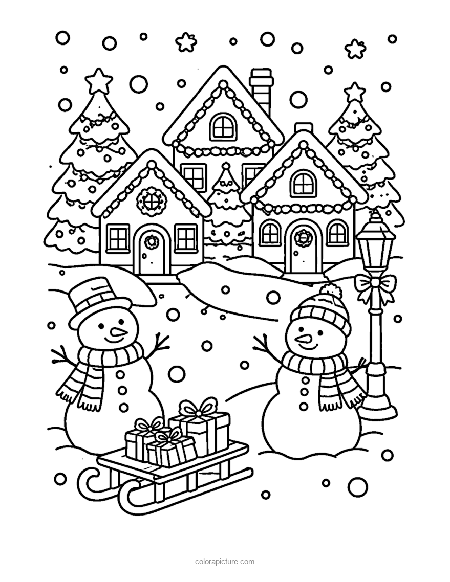 Black-and-white coloring page: Snowy Village