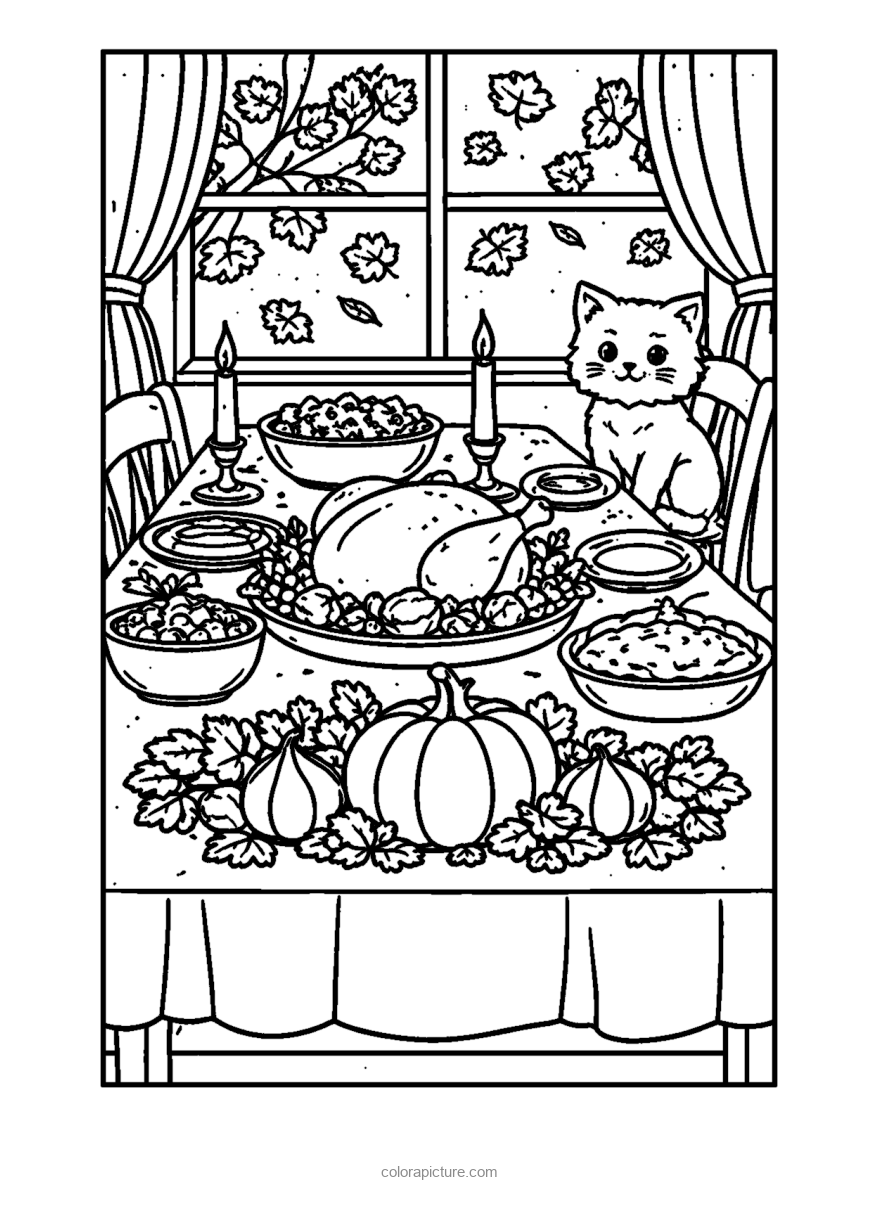 Black-and-white coloring page: Thanksgiving Table
