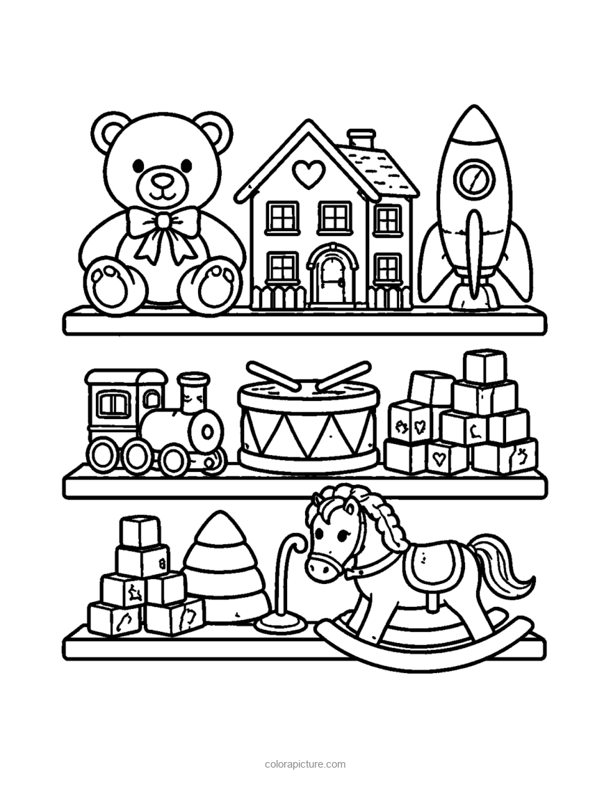 Black-and-white coloring page: Toy Shelf
