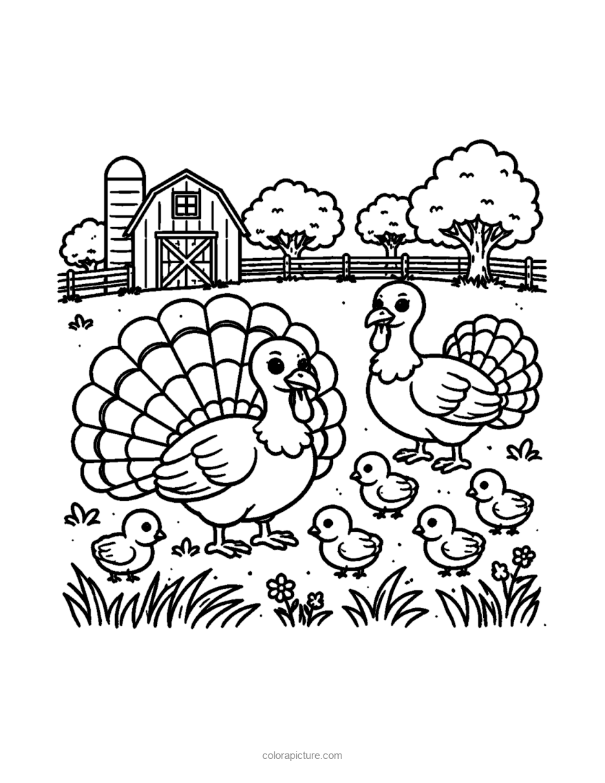 Black-and-white coloring page: Turkey Meadow