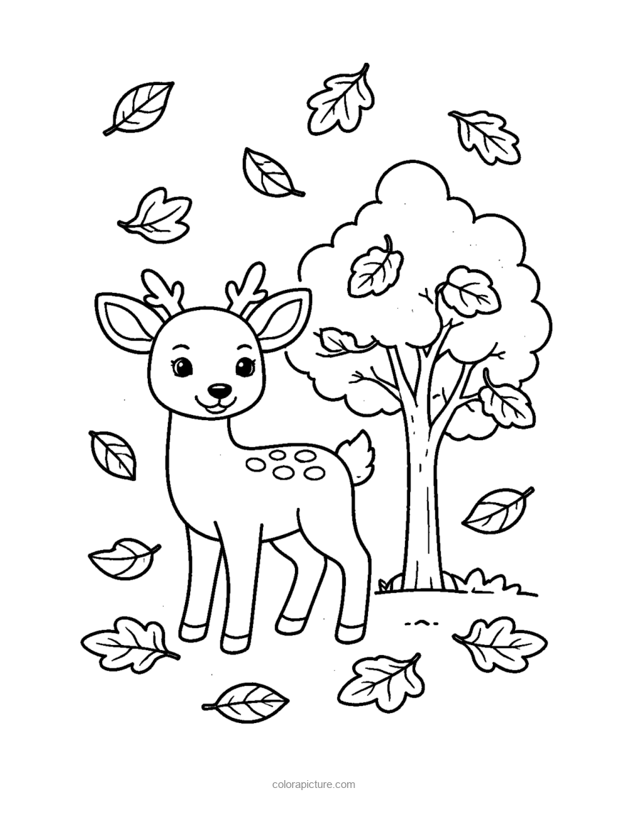 Black-and-white coloring page: Deer Autumn