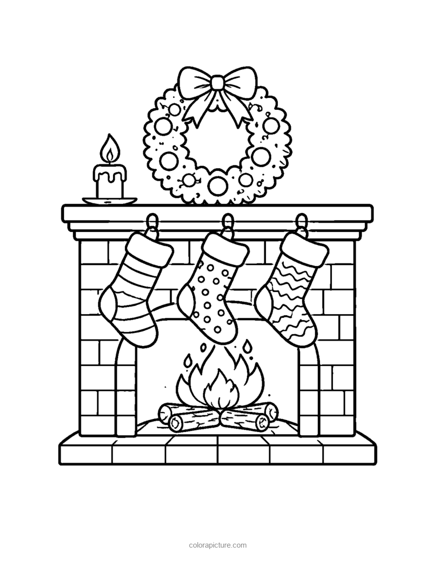 Black-and-white coloring page: Fireplace