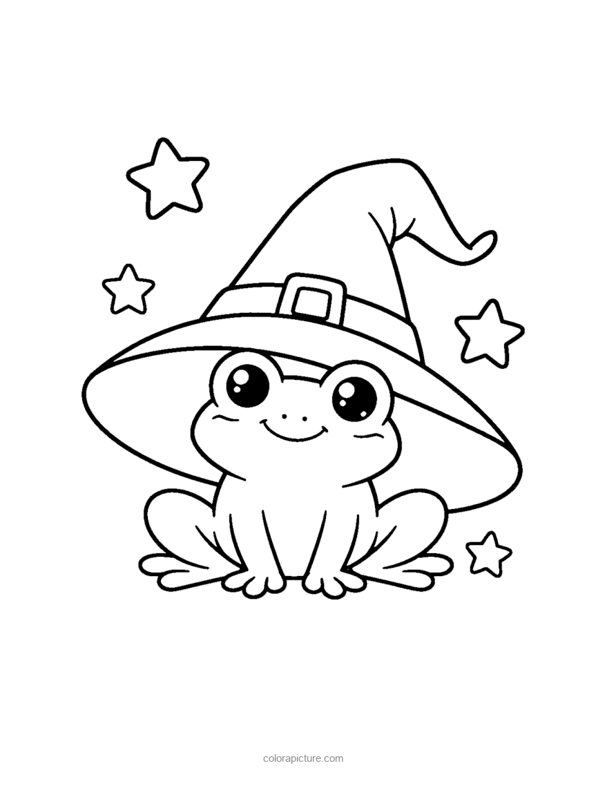 Black-and-white coloring page: Frog Witch Hat