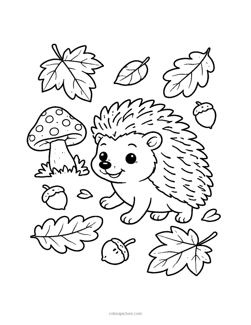 Black-and-white coloring page: Hedgehog and Autumn Leaves