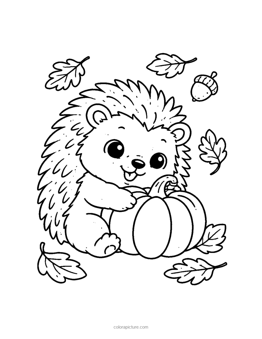 Black-and-white coloring page: Hedgehog and Pumpkin