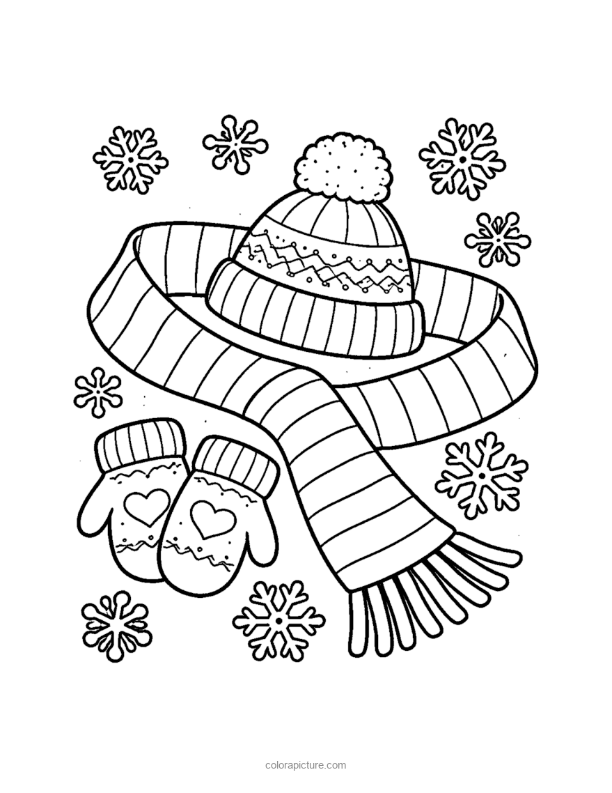 Black-and-white coloring page: Mittens, Scarf and Hat