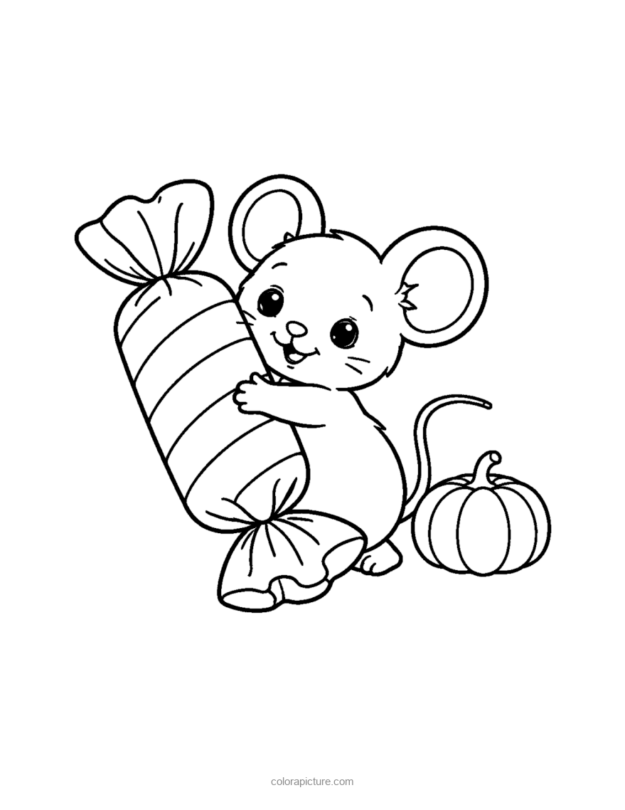 Black-and-white coloring page: Mouse With Candy