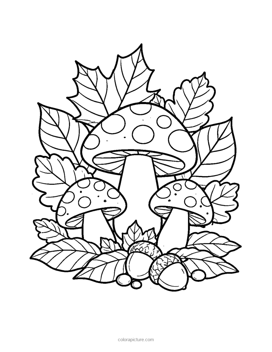 Black-and-white coloring page: Mushrooms and Leaves