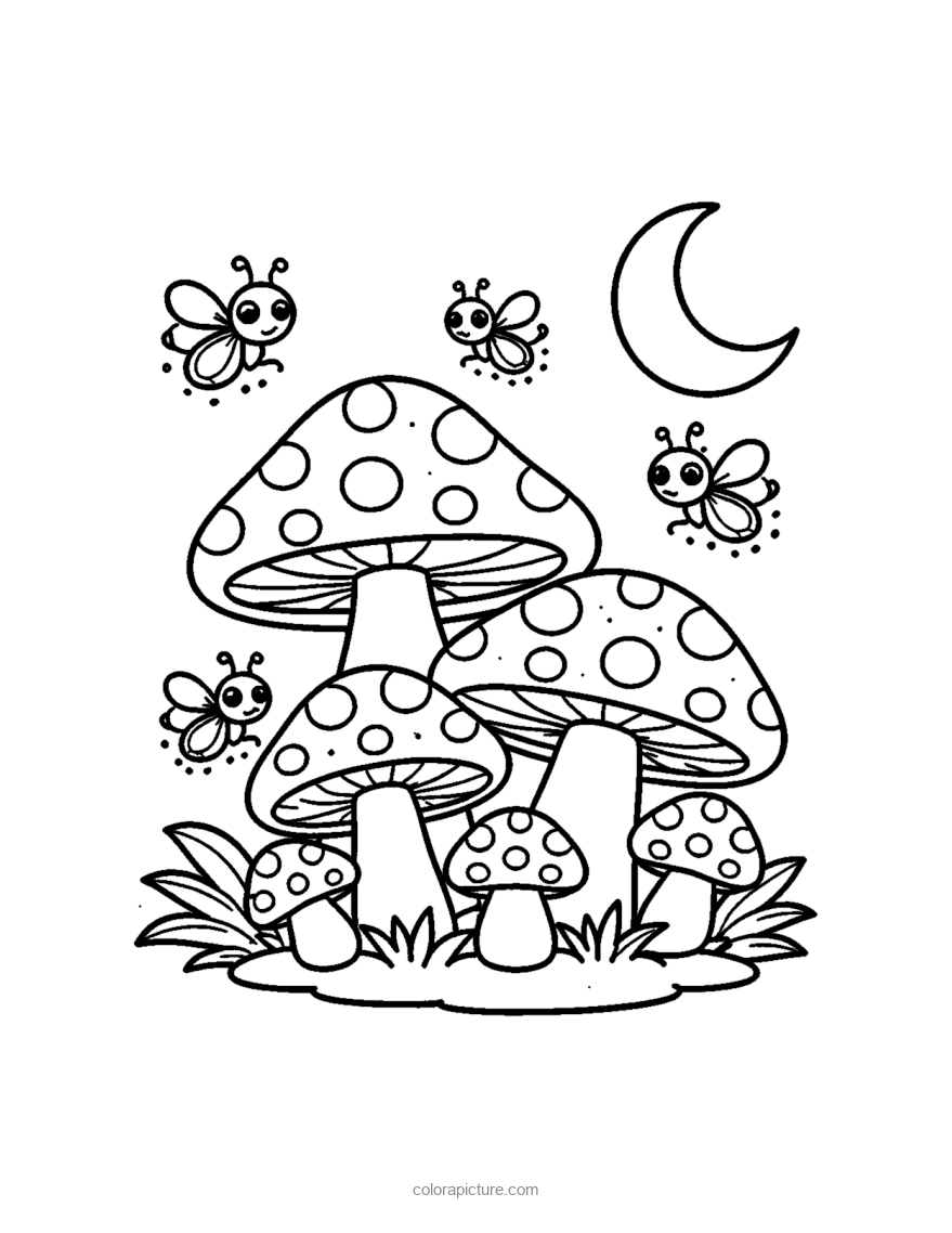 Black-and-white coloring page: Mushrooms Night