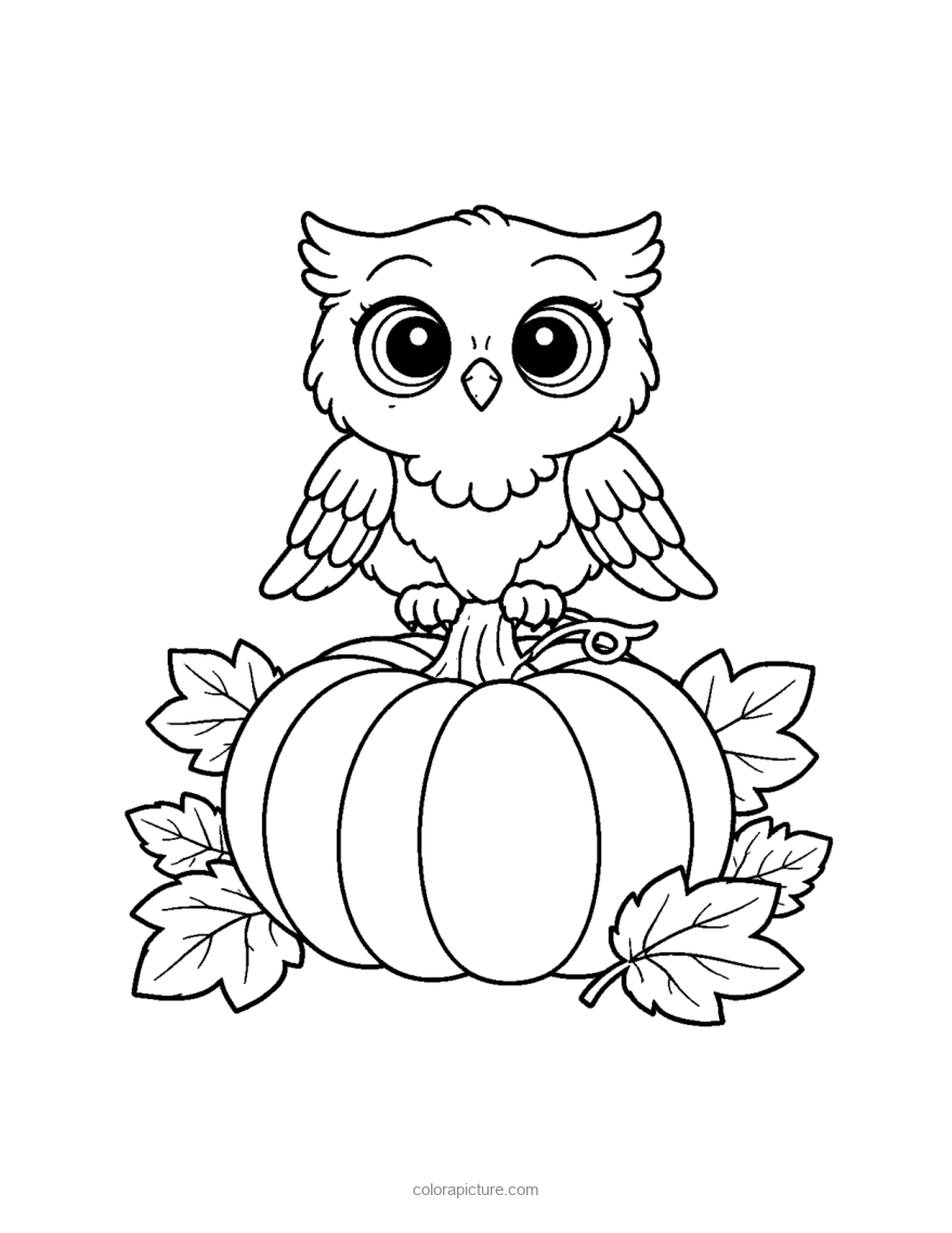 Black-and-white coloring page: Owl On Pumpkin