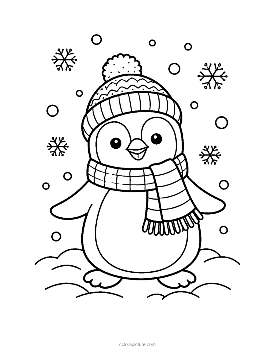 Black-and-white coloring page: Penguin in the Snow