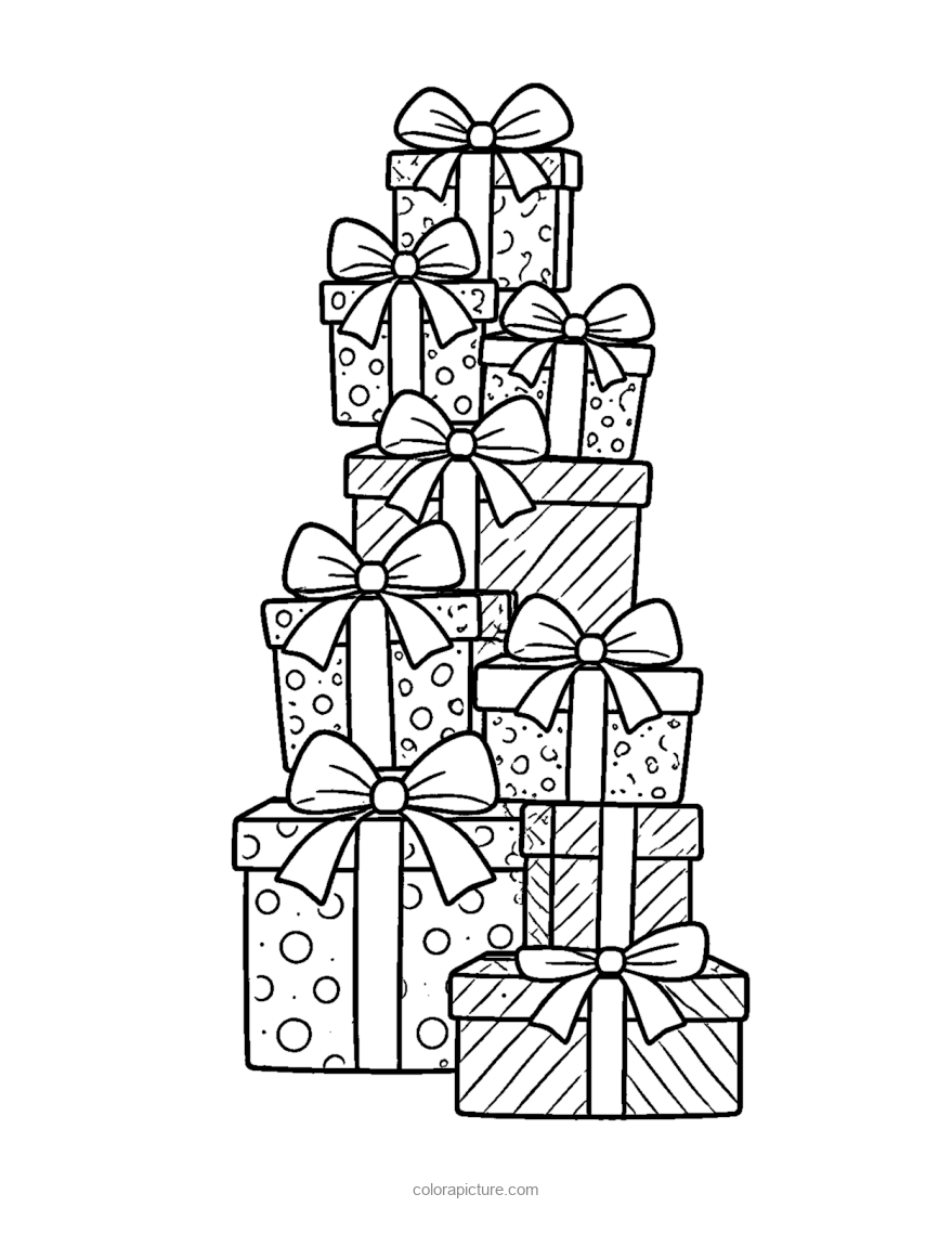 Black-and-white coloring page: Present Stack