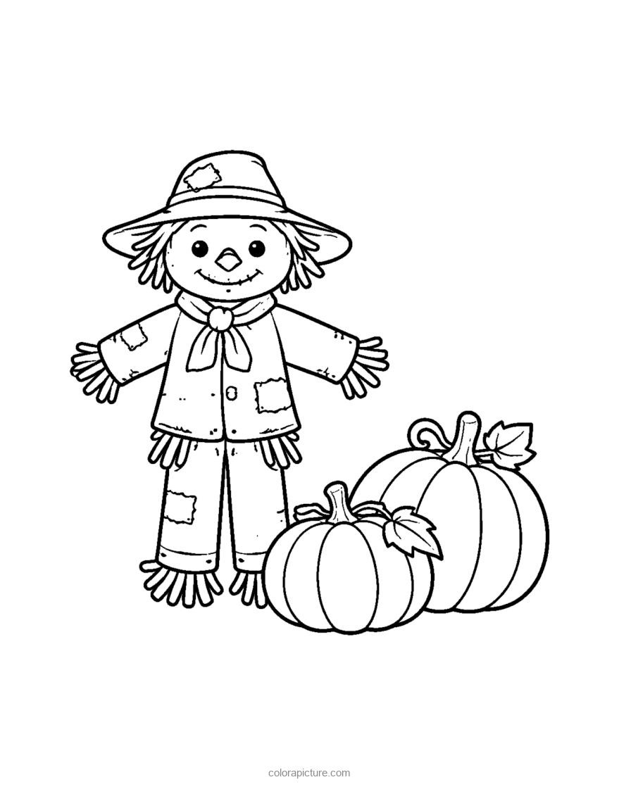 Black-and-white coloring page: Friendly Scarecrow